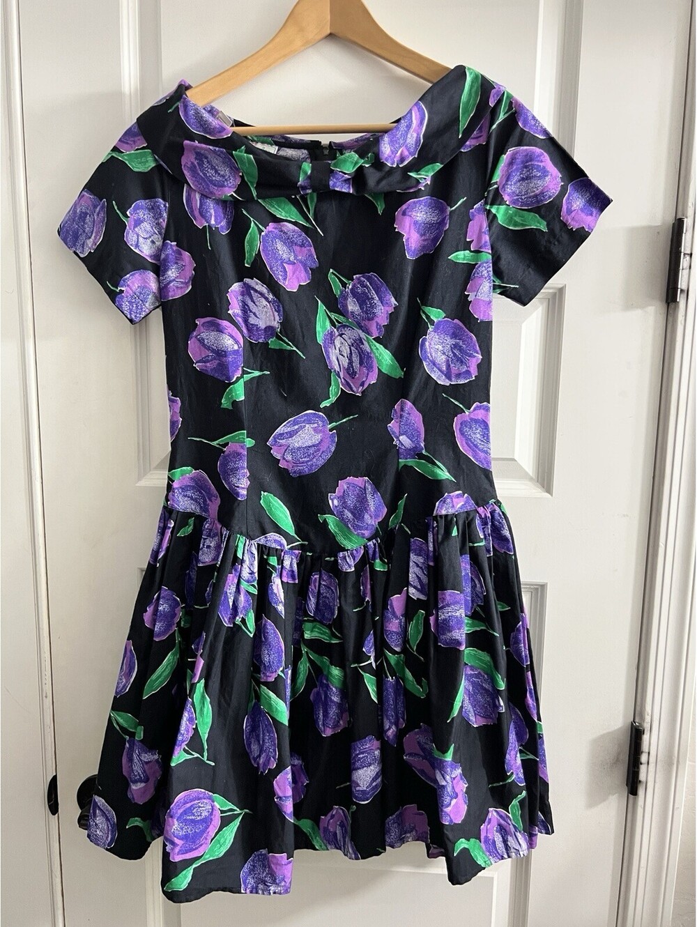 Vintage 80s Benetton Dress Purple Tulip Made In Italy Garden Party Sz M